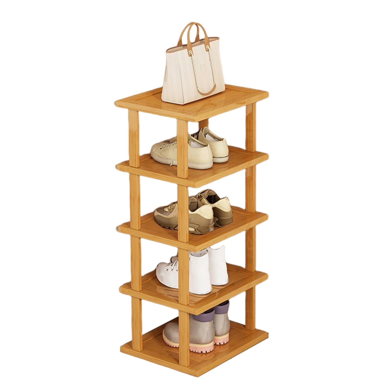 Wilitto Vertical 5 Tier Portable Folding Shoe Storage Rack, Wood Narrow Shoe Rack, Small Shoe Organizer, Space Saving Corner Shoe Shelf, Tall Shoe Tower for Entryway, Closet