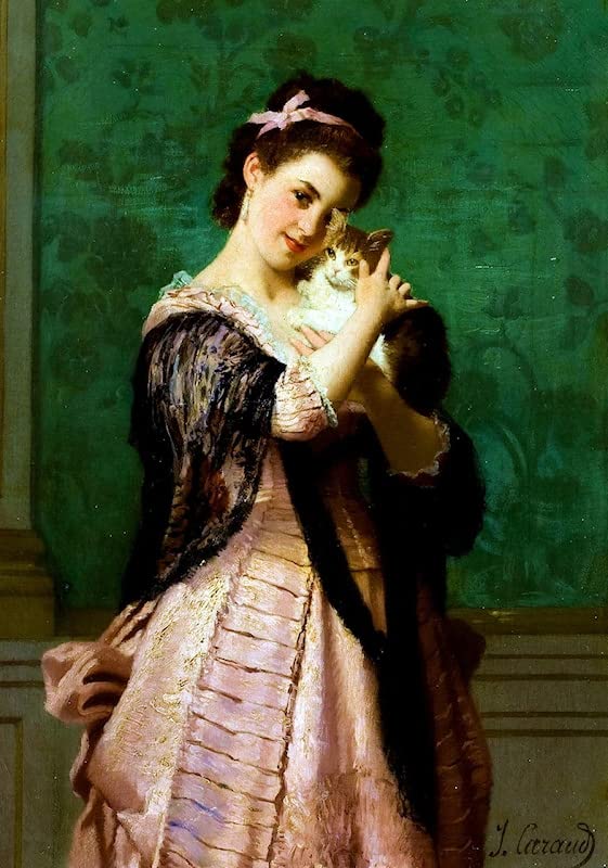 Poster femme avec un chat par Joseph Caraud | Toile sans cadre 58x90 cm