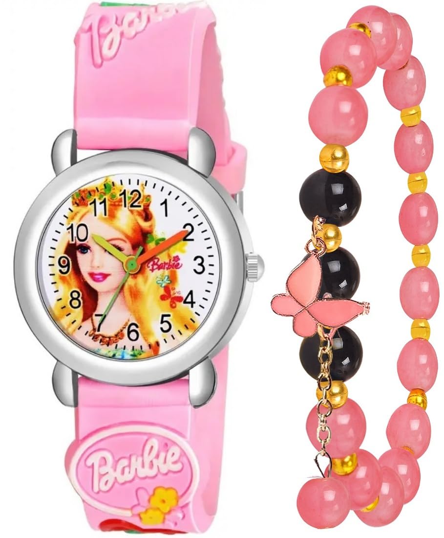 Acnos Pink Light Pink Analog Watch & Beaded Butterfly Bracelet Combo – Stylish & Fun Gift Set for Girls
