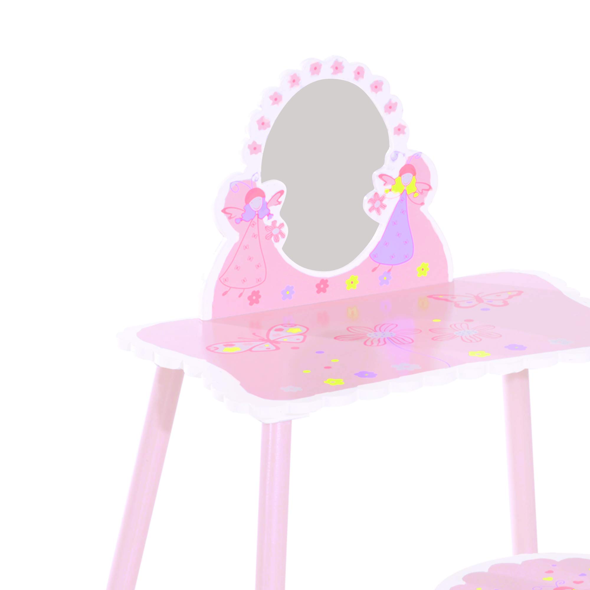 HOMCOM Toeletta per Bambini con Sgabello in Legno, Tavolo Trucco con Specchio Moderno e Cassetto, 59L x 39P x 77A cm, Rosa