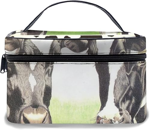 Leather Makeup Bag,Dairy Cattle Milch Cow Green Grassland White Black,Waterproof Portable Makeup Bags