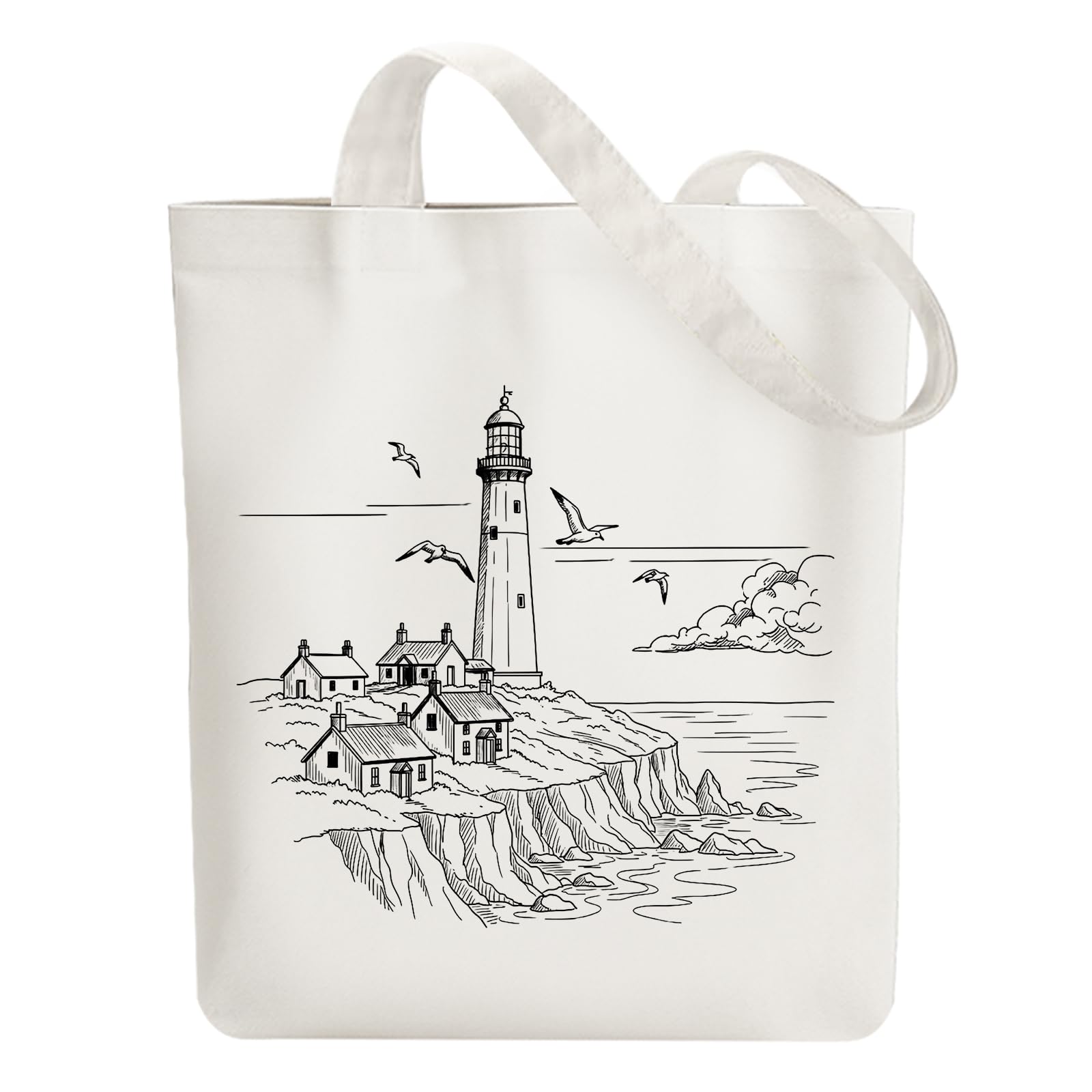 ANATTASOUL Canvas Tote Bag Lighthouse Sketch Reusable Cotton Bag for Women, Durable and Foldable Cloth Shoulder Bags with Zipper Pockets for Shopping, Vacation, Work, Gym