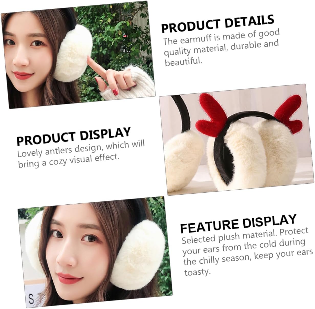 Antler Design Earmuffs Plush Winter Ear Warmers Foldable Ladies Ear Covers Festive Decoration Cold Weather Outdoor Use