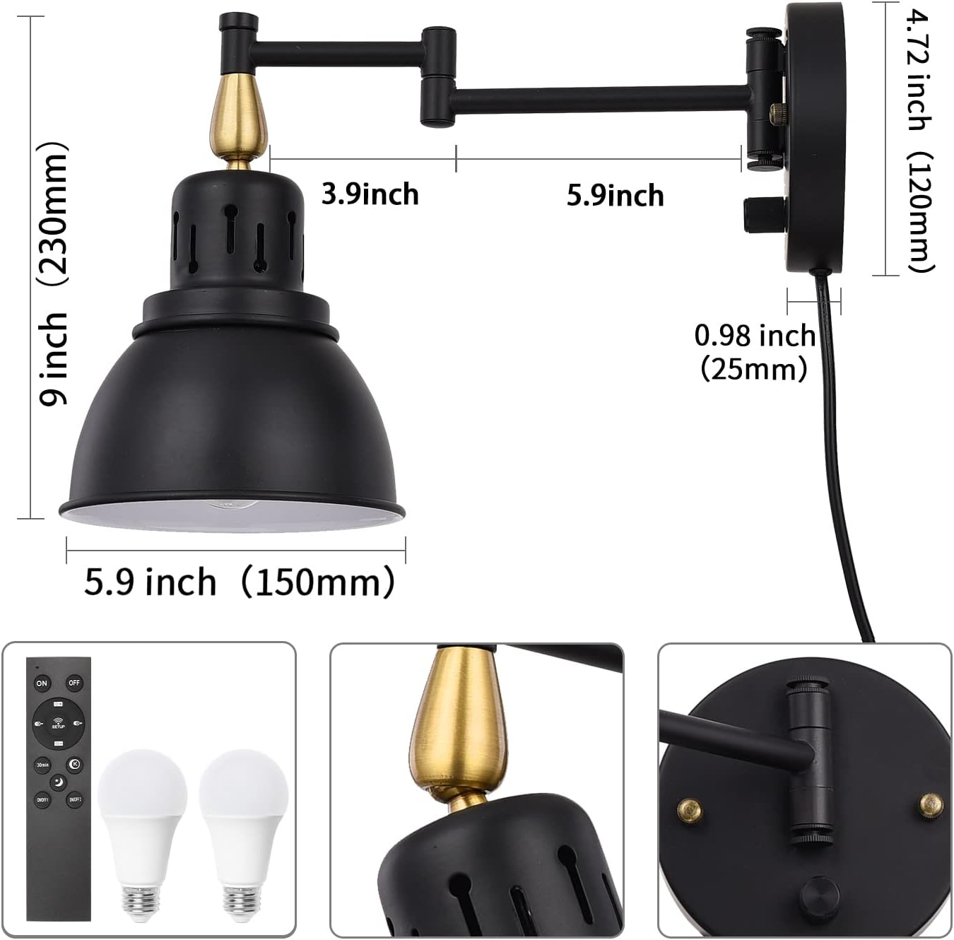TRLIFE Wall Sconces Plug in, Remote Control Dimmable Wall Sconce and Adjustable Color Temperature 2700K-6500K Wall Lights with 6FT Plug in Cord, Swing Arm Wall Mounted Light(2 Pack, 2 Bulbs)