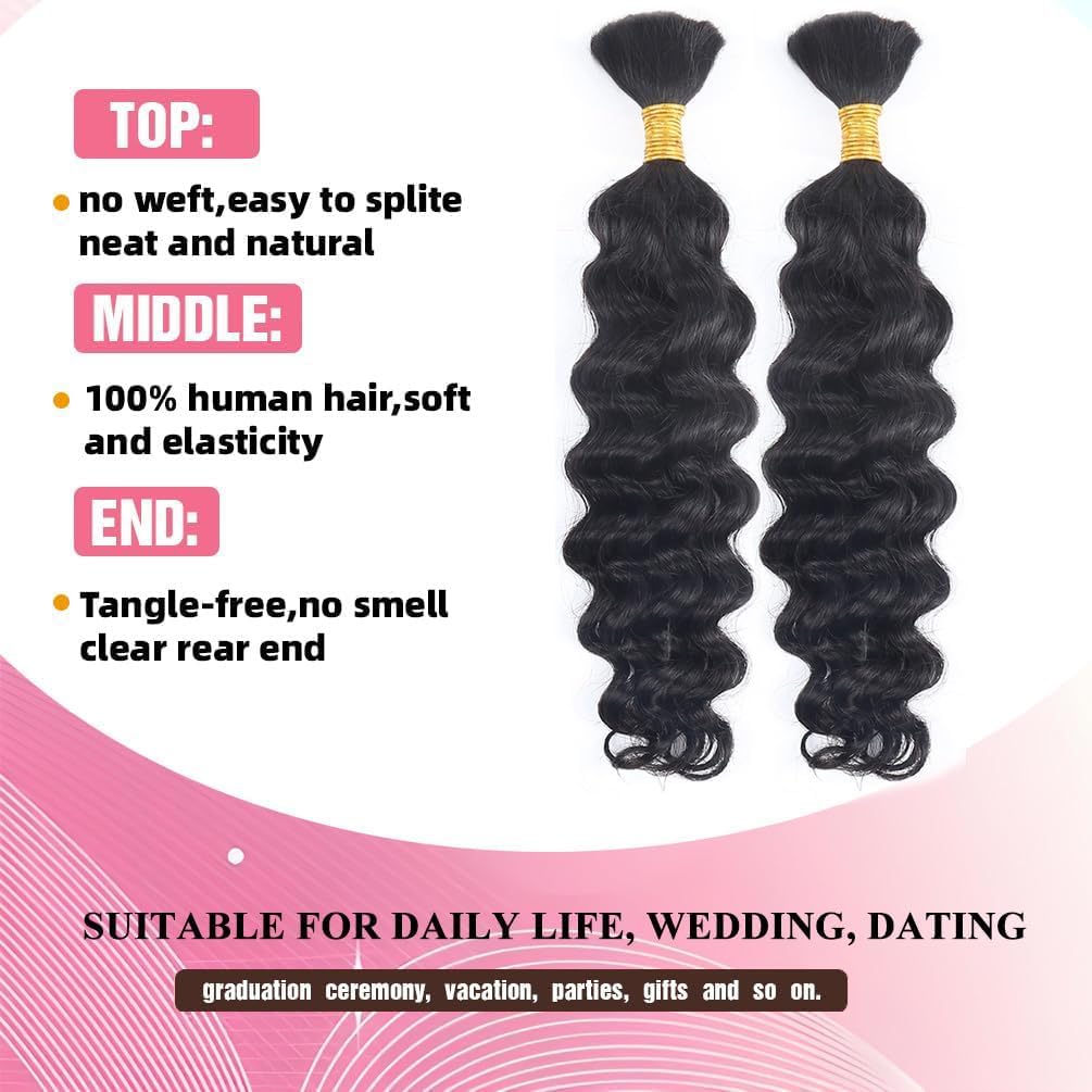 Cabello trenzado humano para trenzas bohemias, 100 g, 40 cm, 2 paquetes de extensiones sin broche, color negro, para trenzas bohemias, sin mechones, extensiones de agua profunda a granel, cabello