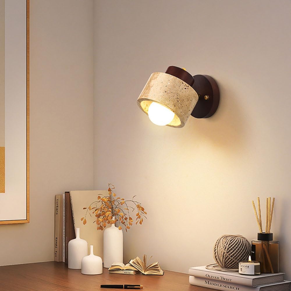Modern Stone Wall Sconce Nordic Dome Bedside Yellow Travertine Wall Mount Light Natural Stone Sconces Wall Lamlp Solid Wood Living Room Wall Lights Fixture Bedroom Corridor Indoor Nightlight