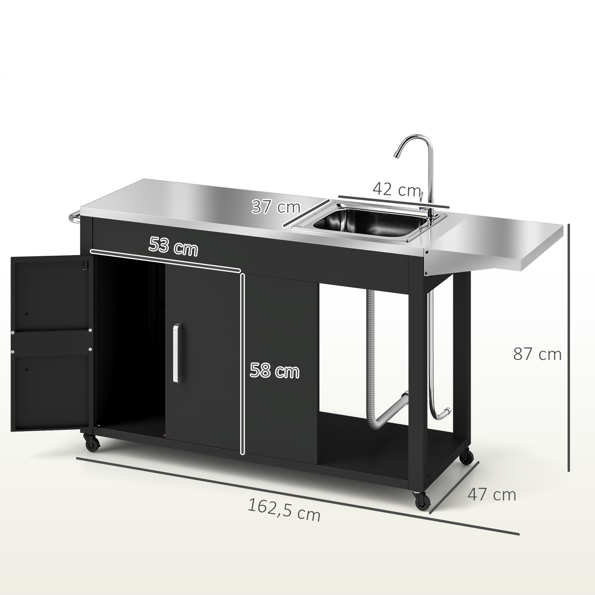 Outsunny Grillwagen Servierwagen mit Arbeitsfläche Seitenblatt Schrank Spüle Räder, BBQ Grilltisch aus Edelstahl, Outdoor Grill Beistelltisch für Garten, Terrasse, Grill 162,5 x 47 x 87cm Schwarz