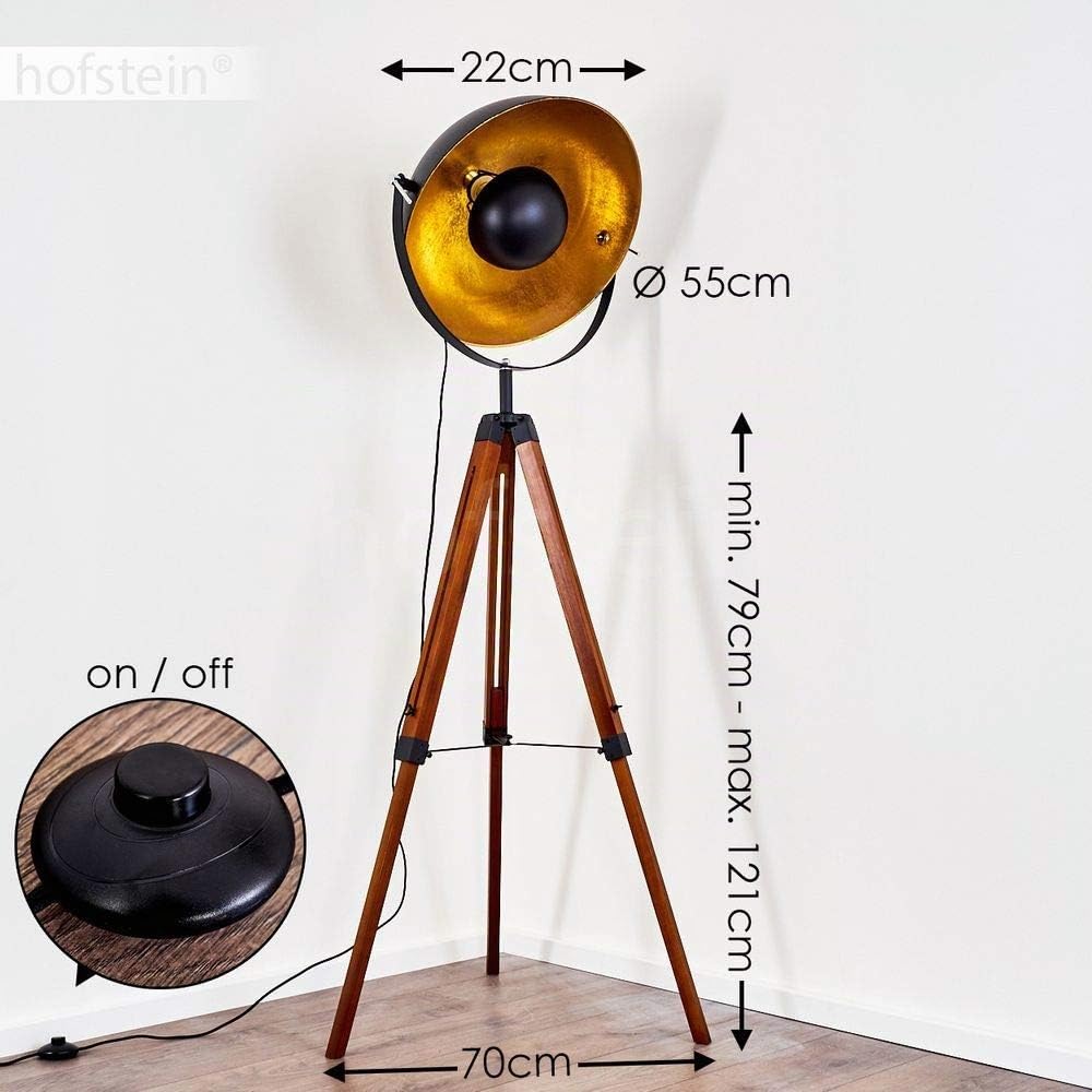 Lampada da terra Jupiter, lampada da terra vintage in nero/oro in metallo con montatura in legno, Ø 55 cm, attacco E27, lampada da terra regolabile in stile retro-design, senza lampadina/e