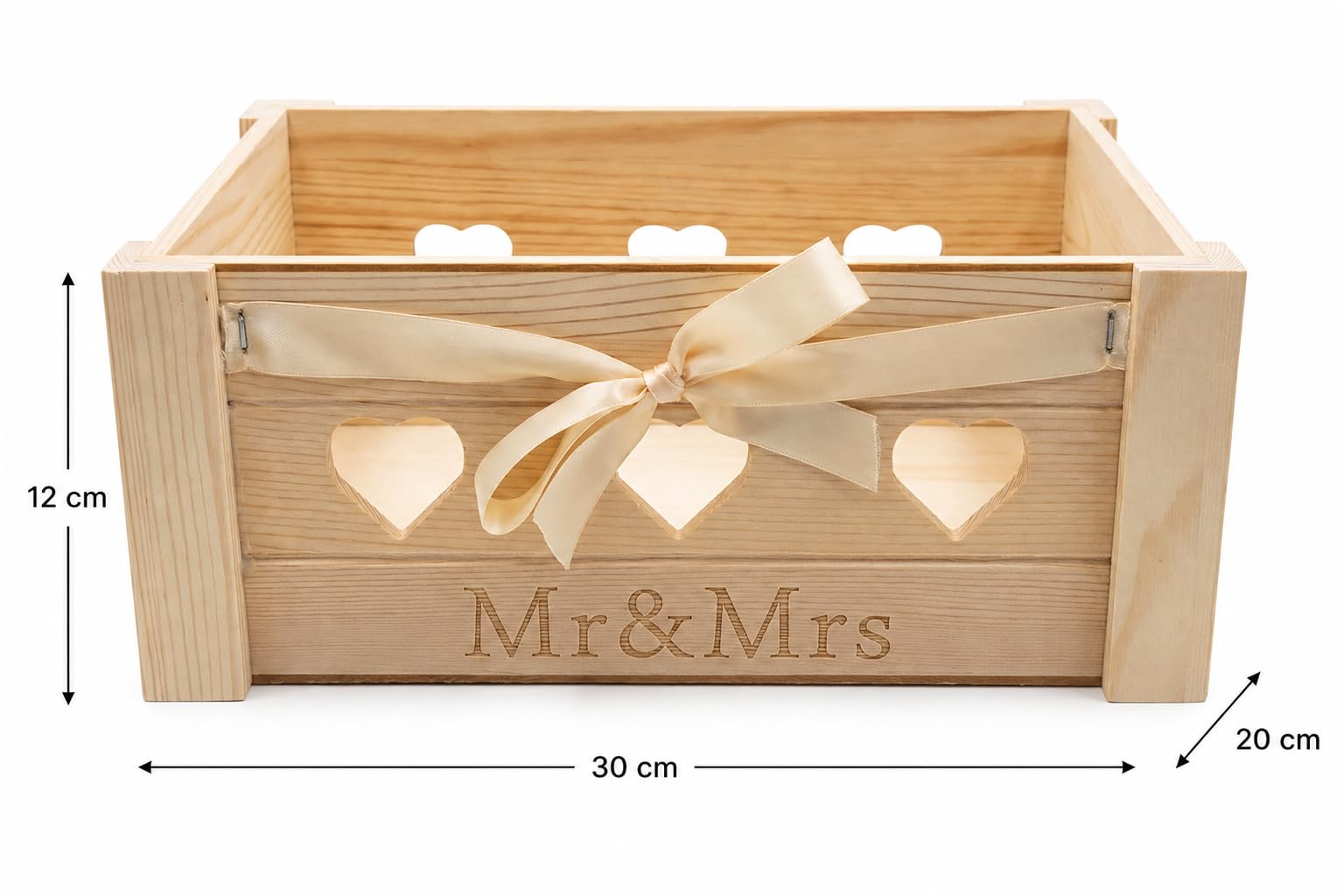 Mr & Mrs Geschenkkorb Hochzeit aus Holz 30x20x12 cm – Geschenkbox Kiefer mit Herzmotiv, Geschenkfolie 100x100 cm, Schleife & Papier – Hochzeitsgeschenk Brautpaar Deko