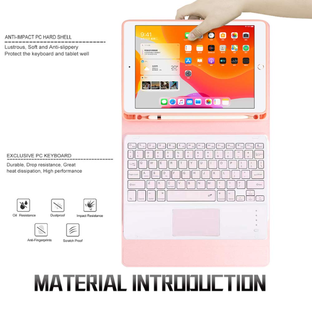 Étui avec clavier Touchpad pour iPad 9e / 8e / 7e génération (2021/2020/2019) 10,2 pouces, 7 couleurs mignonnes clavier rétroéclairé avec coque intelligente fine, porte-crayon intégré, rose