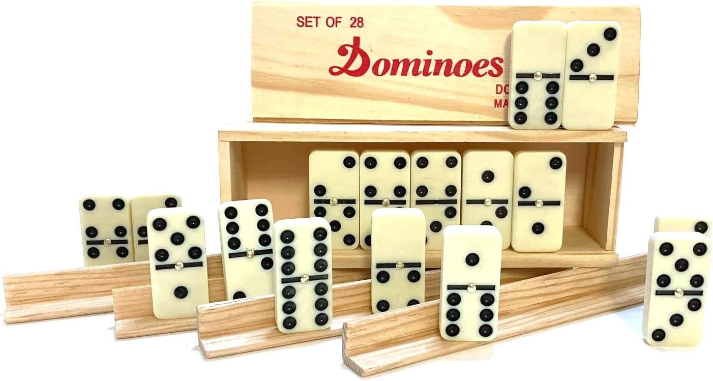 Games Dominoes Double 6, Tournament Size, Two Toned with Spinner (Center) Rivets, in Wooden case