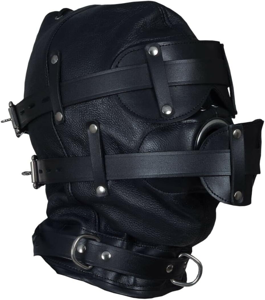 Genuine Real Leather Total Sensory Deprivation Bondage BDSM Hood Mask Role Play (Medium)