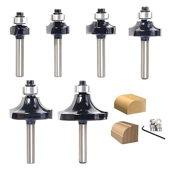 6PCS Roundover Router Bit Set with 6 Extra 3/8" Guide Bearings, 1/4 Shank Carbide Edge Forming Bits, 2-in-1 Roundover & Beading Profiles for Rounding Edge Trimming