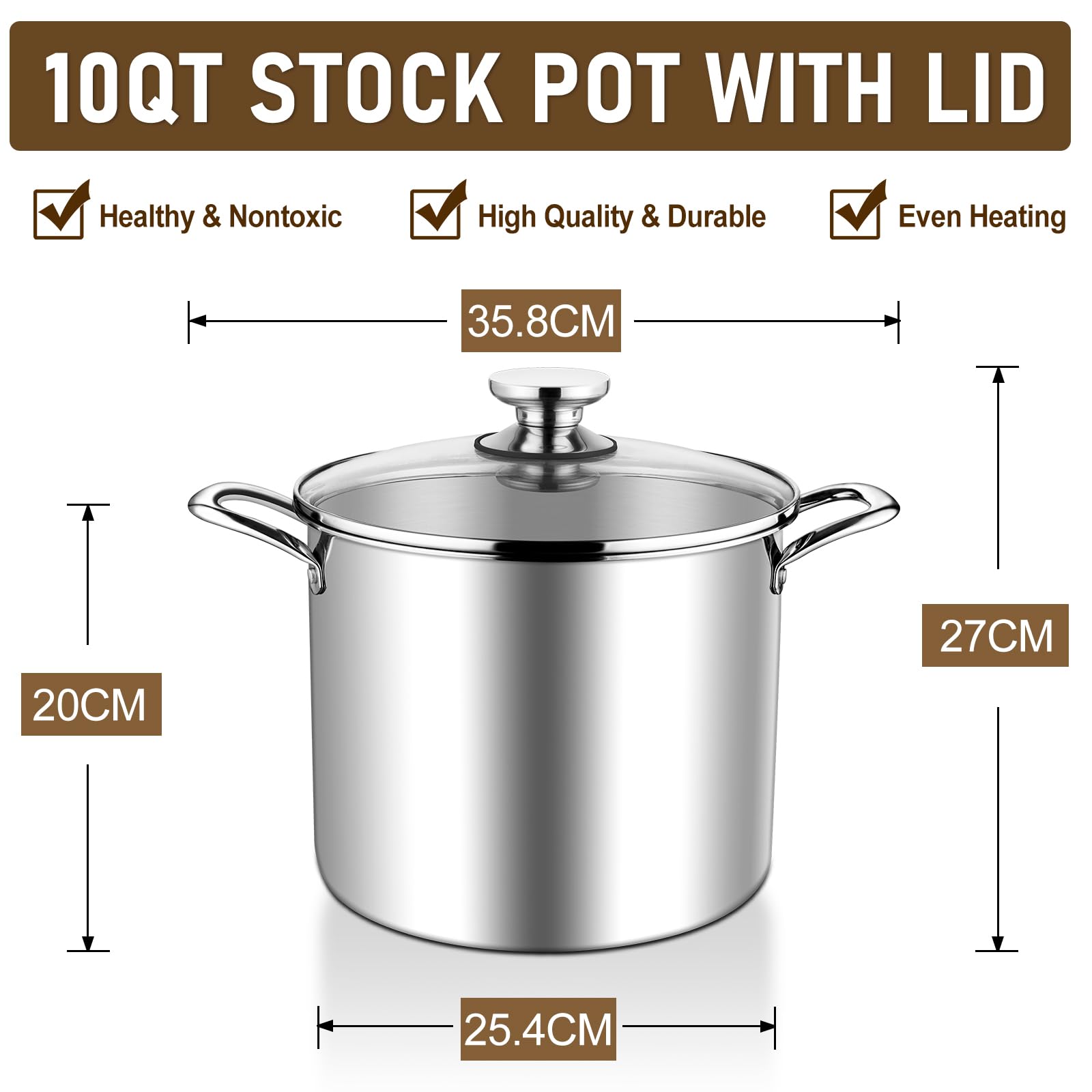 HaWare Olla grande de acero inoxidable de tres capas de 10 L con tapa visible para pasta/carne/sopa, olla de inducción de metal, apta para todas las estufas de cocina, saludable y no tóxica, apta para