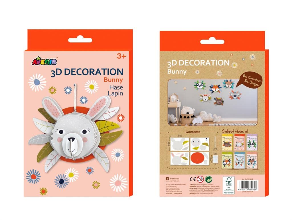 Avenir 3D Decoration - Bunny Kit | Turn Your Wall into a Zoo! Create 3D Decorations with Pre-Cut Cardboard Puzzle Pieces | Thoughtful and Creative Gift Option for Kids 3+