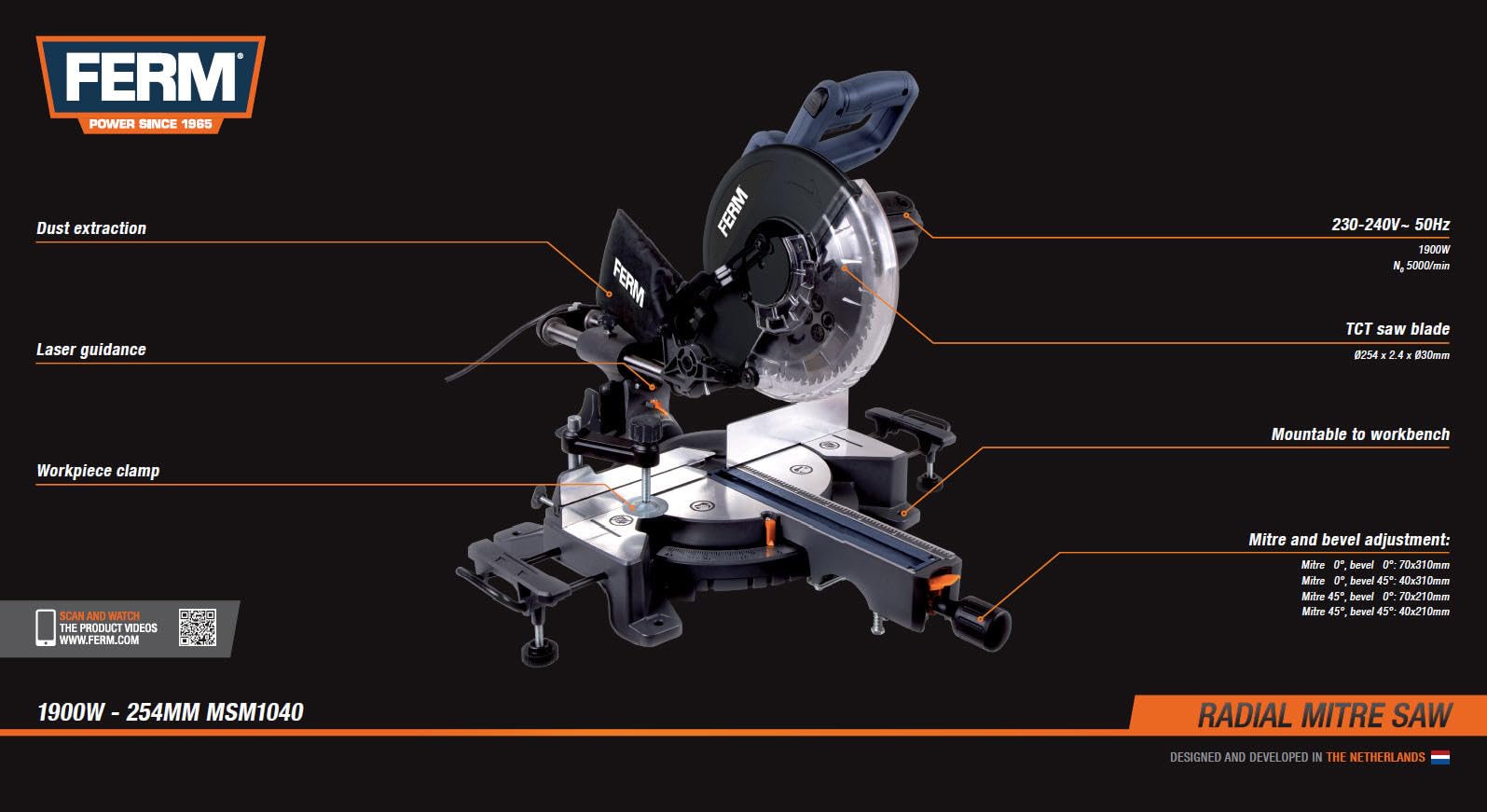 FERM Troncatrice radiale 1900W, diametro Ø254 mm con Guida Laser. Include lama 60T TCT, estensioni da tavolo, morsetto e sacchetto di raccolta polvere