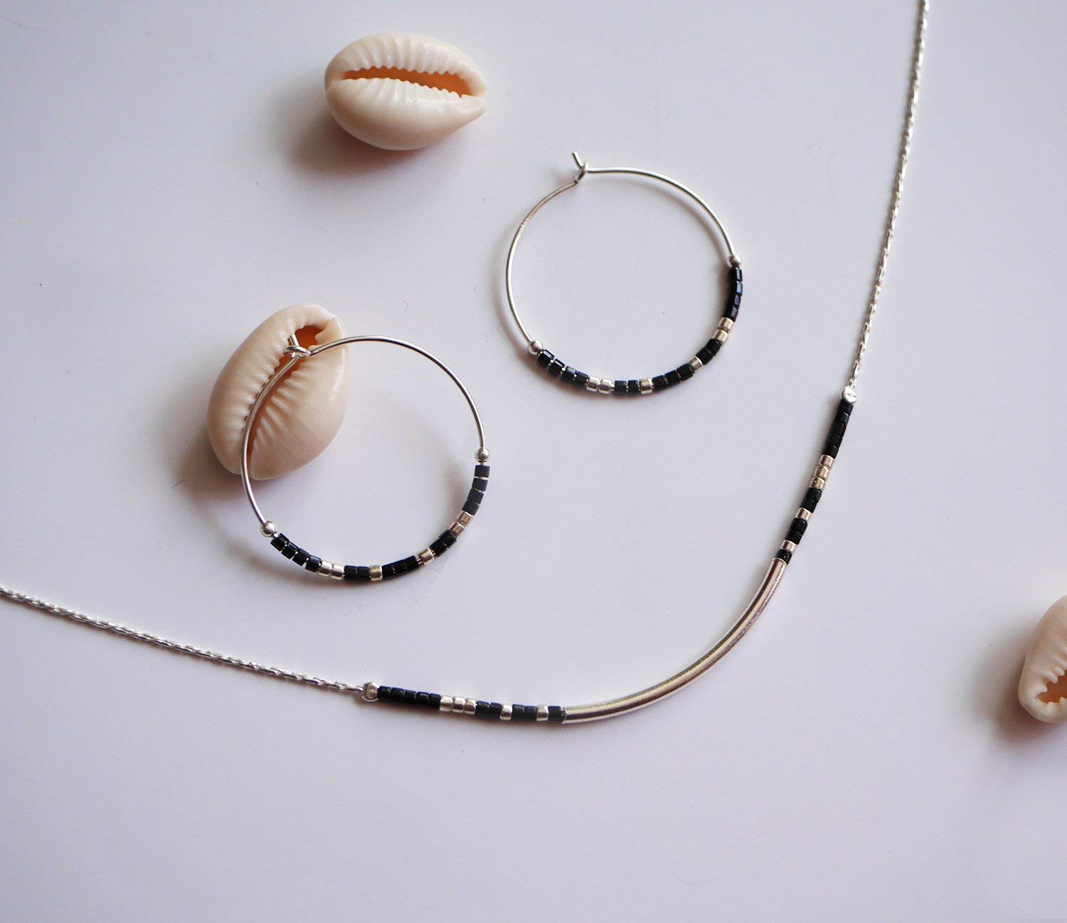 Collier fin choker perles miyuki noires - chaine serpent argent massif 925 - Collier perles noires - collier minimaliste discret élégant