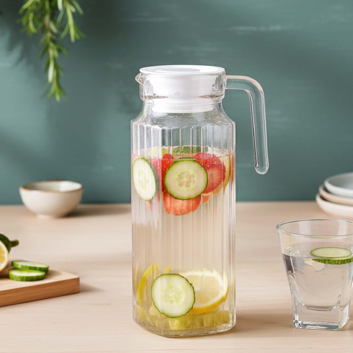 Zapsol Glass Jug with Lid 1.1 L | Transparent Water Juice Pitcher | Heat Resistant Beverage Carafe | Easy Pour Spout & Strong Handle | Multipurpose Jug for Water, Milk, Juice, Cocktail