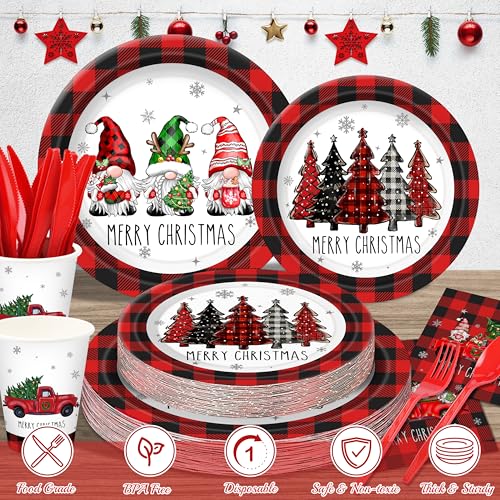 Christmas Plates Set Christmas Dinner Tableware Set Disposable 168Pcs Christmas Party Supplies for 24 Guests Buffalo Plaid Christmas Paper Plates Napkins Cups Plastic Forks Knives Spoons – Image 5