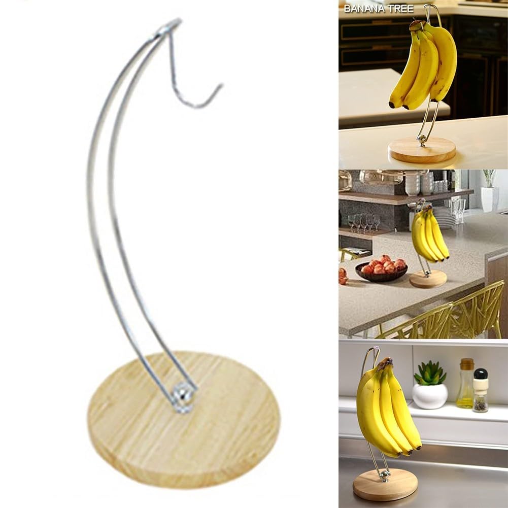Supporto per banane da cucina, in acciaio inox e base in legno, porta frutta