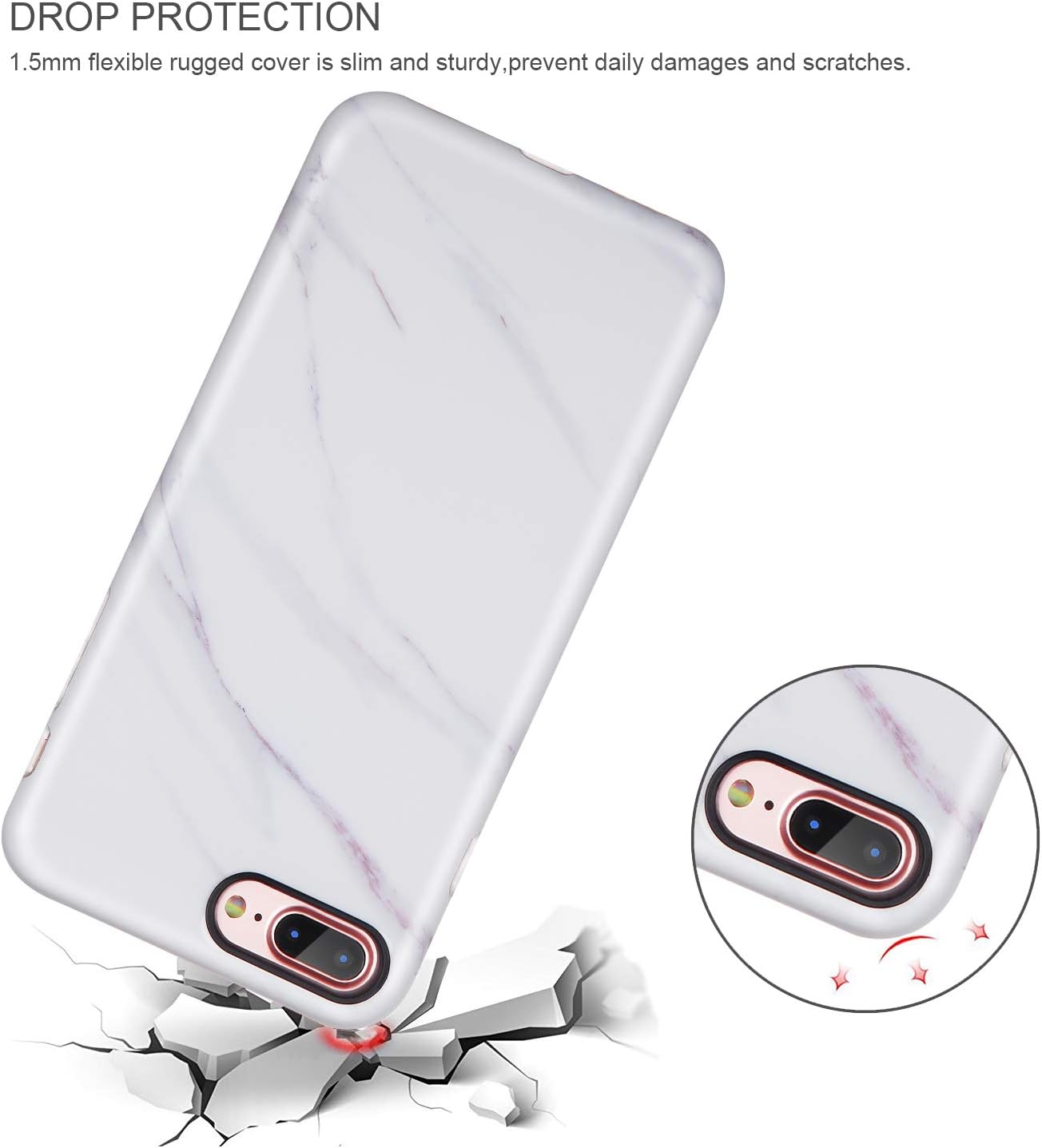 LUMARKE iPhone 7 Plus Case,iPhone 8 Plus Case, White Marble Men Women Girls Slim Fit Glossy TPU Cute Clear Bumper Soft Rubber Silicone Thin Protective Phone Case Cover for iPhone 7 Plus iPhone 8 Plus