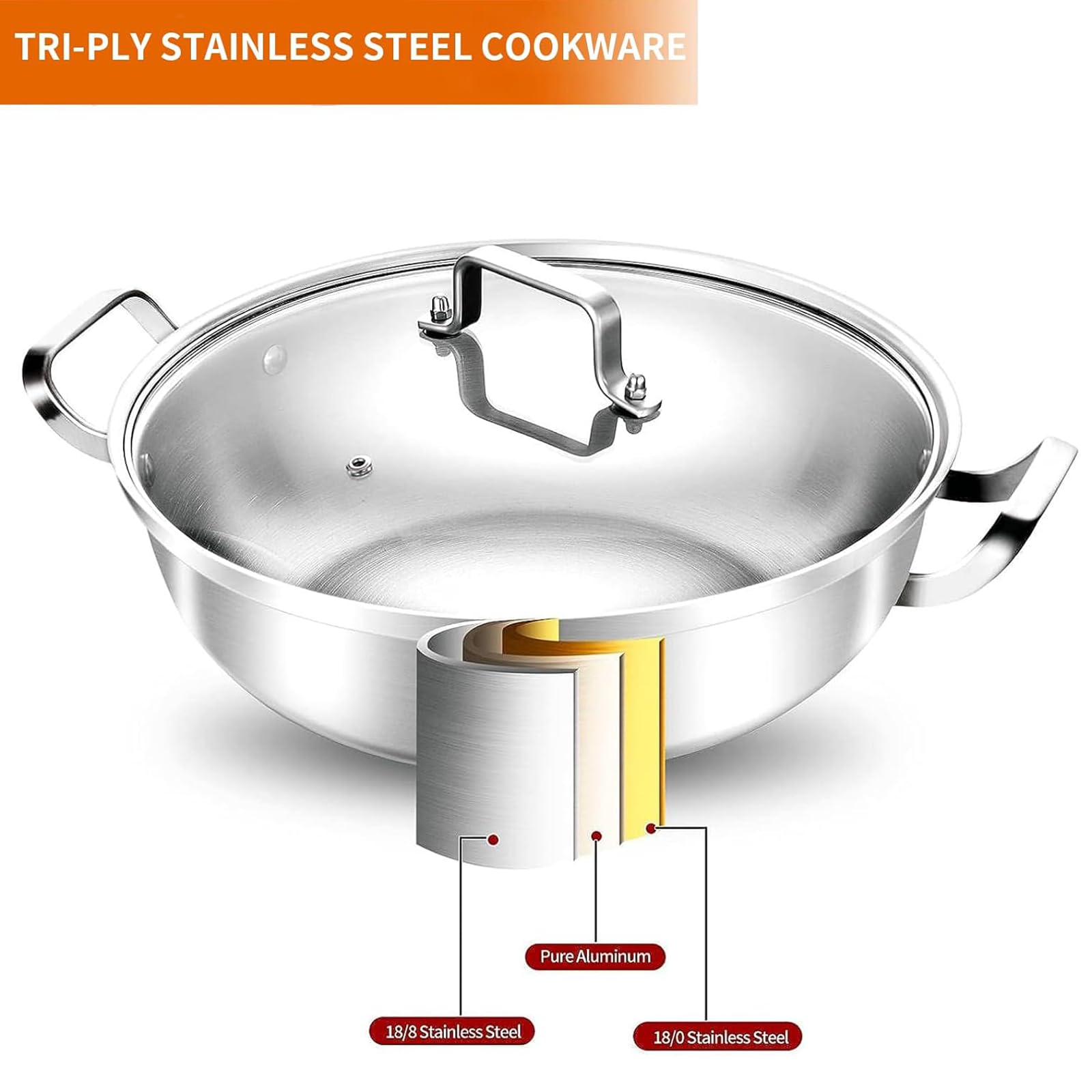 DELARLO Tri-Ply Stainless Steel 14 inch Everyday pan With lid, Everything Pan, Durable Deep Saute Pan, 7QT Induction Cooking Pot,Woks & Stir-Fry Pans Oven Safe Stock Pot