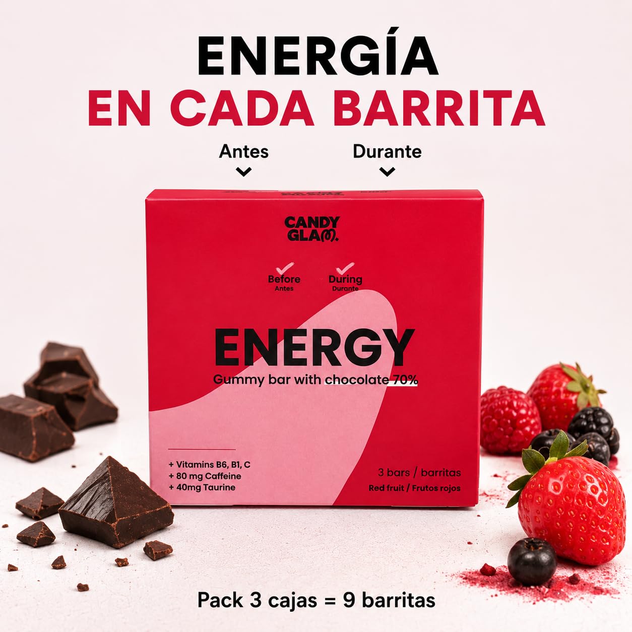 Candy Glam Pack 24 Barritas Gominola | 12 Frutos Rojos con Cafeína, Taurina y Vitaminas + 12 Creatina, Plátano y Chocolate 70% | Snack Deportivo para Energía y Entrenamiento