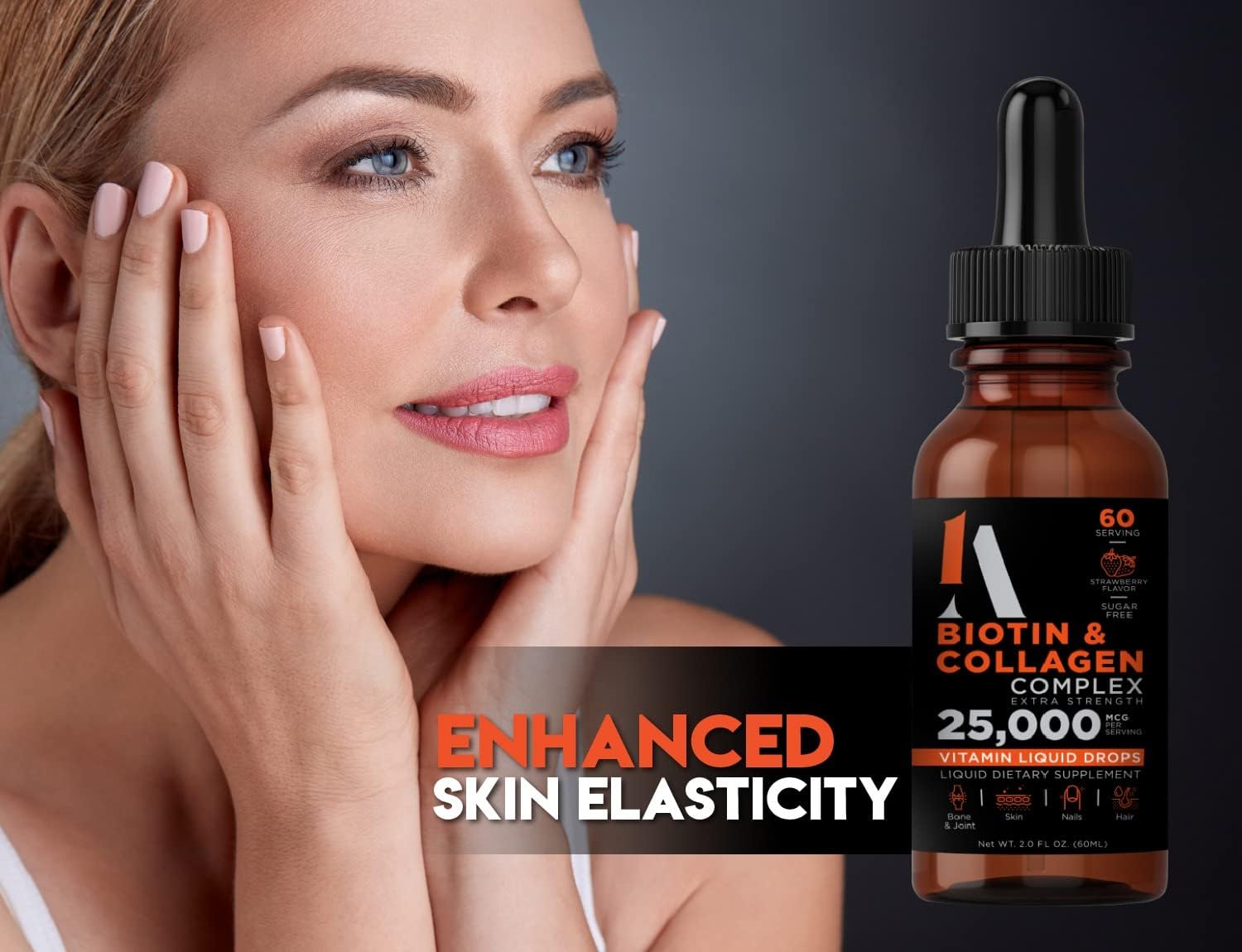 1A HEALTH CORP Biotin & Collagen 25,000 MCG Liquid Drops Complex. Potent Blend of Vitamins to Encourage Stronger Nails, Healthy Skin & Thicker and Longer Hair with Collagen Peptides. 60ml