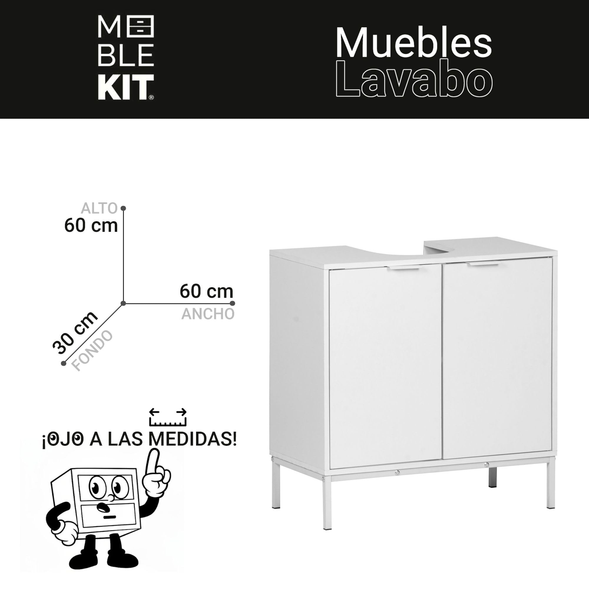 INDE MOBLEKIT | Mueble Bajo Lavabo 60×30×60 cm, Armario de Madera y Metal con Doble Puerta y Acabado Mate, Mueble Auxiliar para Baño con Espacio de Almacenaje para Artículos de Higiene