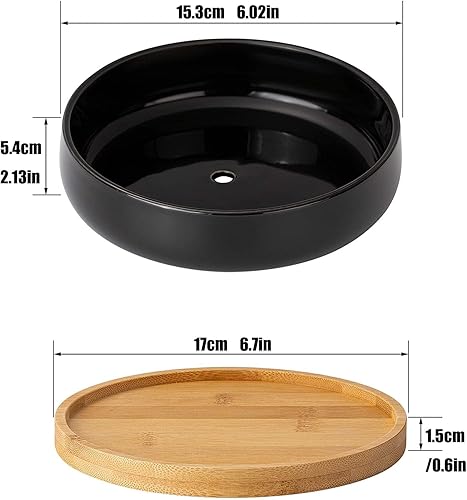 Miniatura 2 de Paquete de 2 macetas de 6 pulgadas, maceta de cerámica negra para suculentas con bandeja de bambú y orificio de drenaje para plantas de interior