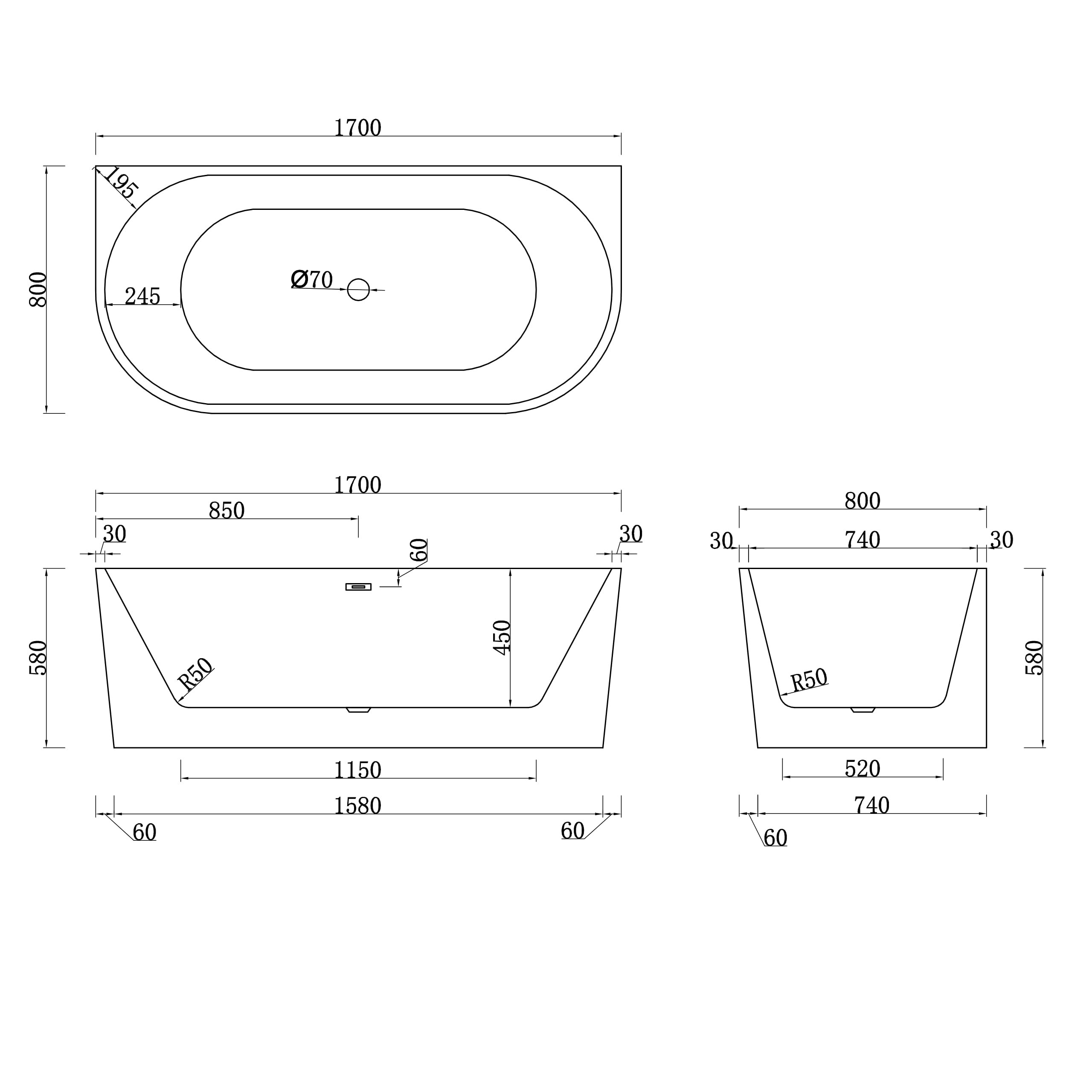 AQUAUNO Bañera acrílica independiente ovalada de 170 x 80 cm para montaje en pared de acrílico sanitario de alta calidad, con desagüe clic-clac, rebosadero, cubierta y desagüe en negro, baño moderno