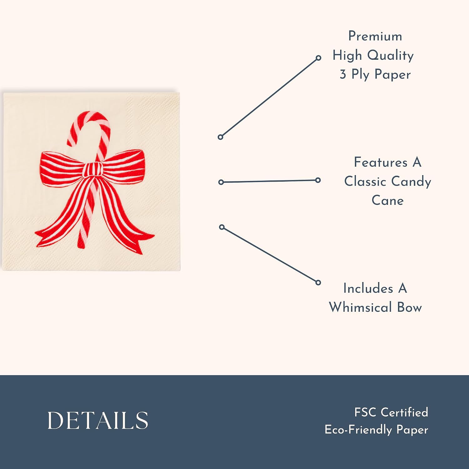 Bonjour Fête Peppermint Bow Cocktail Napkins, Pack of 20, 5" image 4
