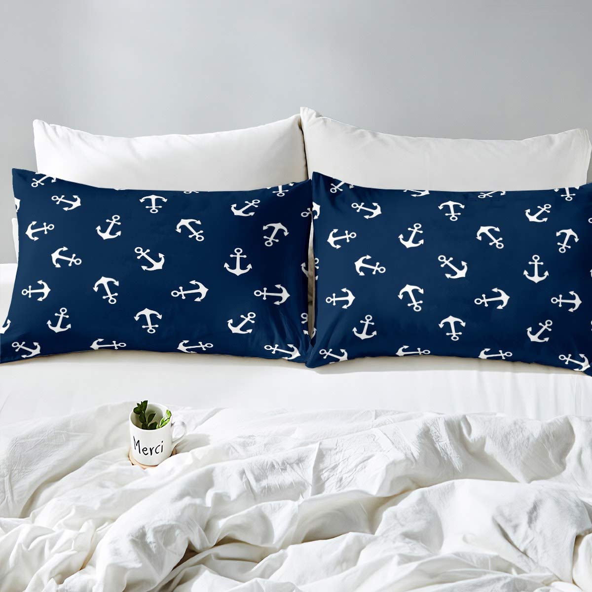 Loussiesd set di lenzuola nautiche con ancora oceaniche, set di biancheria da letto per bambini e ragazzi, set di biancheria da letto singolo, 2 pezzi, blu navy