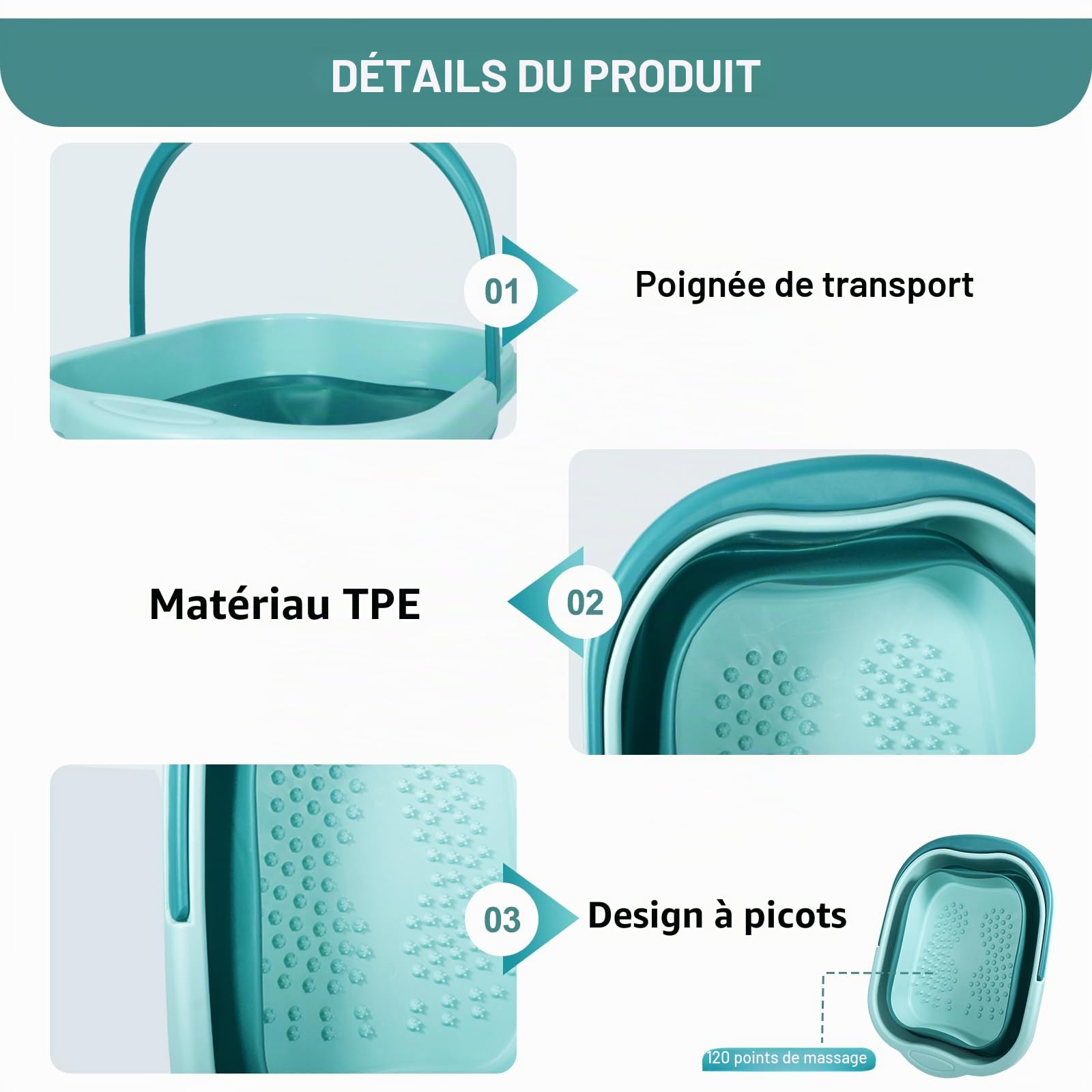 Bain de Pied Plié,Vleuexe Bassine Pied avec Poignée de Transport,Bassine 15 L,Baignoire pour Pieds avec 120 Picots de Massage,Grand Seau Bain de Pieds Parfait pour des Bains de Pieds relaxants Spa