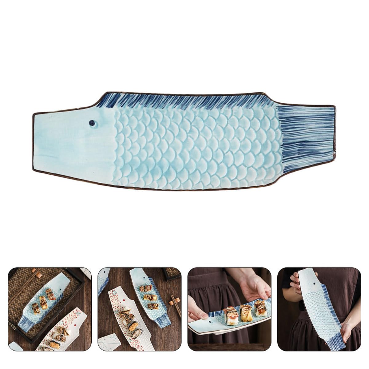 HANABASS Assiette de Sashimi Facile à Nettoyer en Céramique Forme Poisson, Design Japonerie Classique pour Restaurants et Décoration