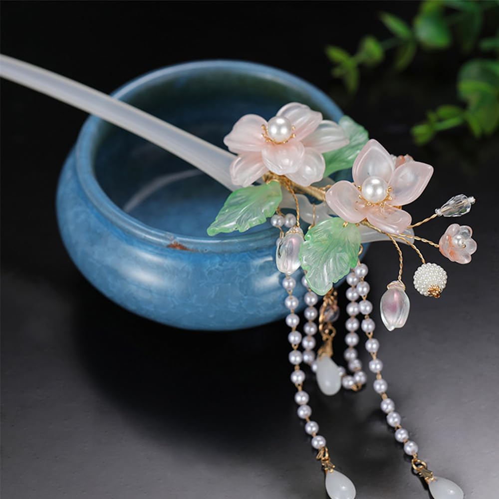 Amazon.com : Pink Kapok Flower Pearl Tassels Hairpin Chinese  display picture 3