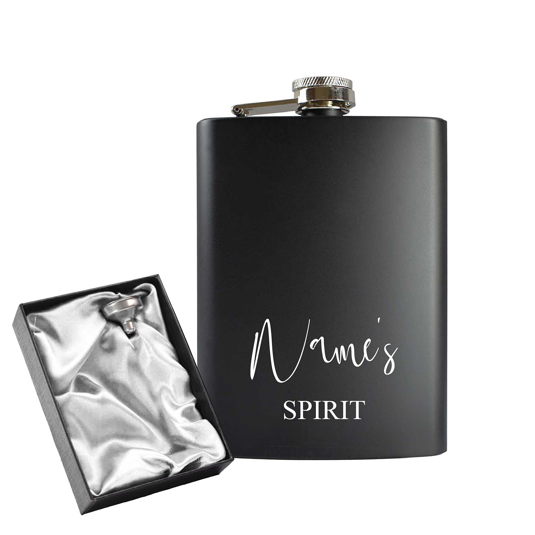 Engraved 8oz Black Hip Flask with Any Name and Spirit