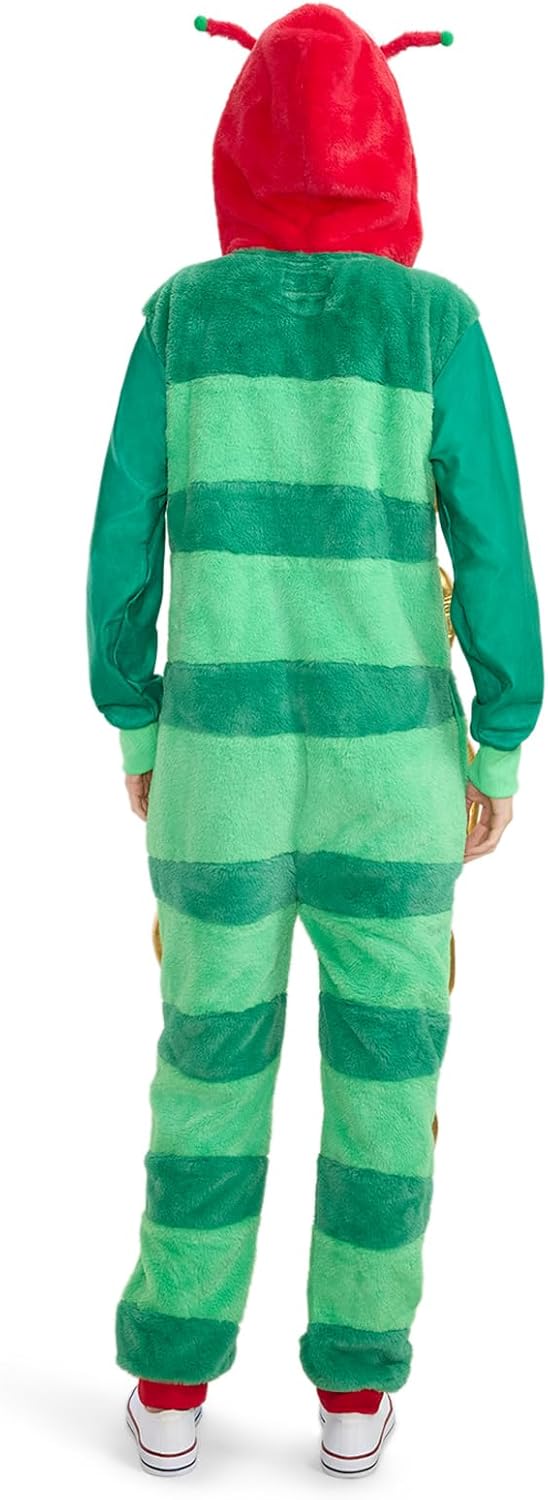 Tipsy Elves Women's Caterpillar Halloween Costume – Cute Green Bug Jumpsuit with Quilted Fur, Plush Legs, Red Hood & Antennas