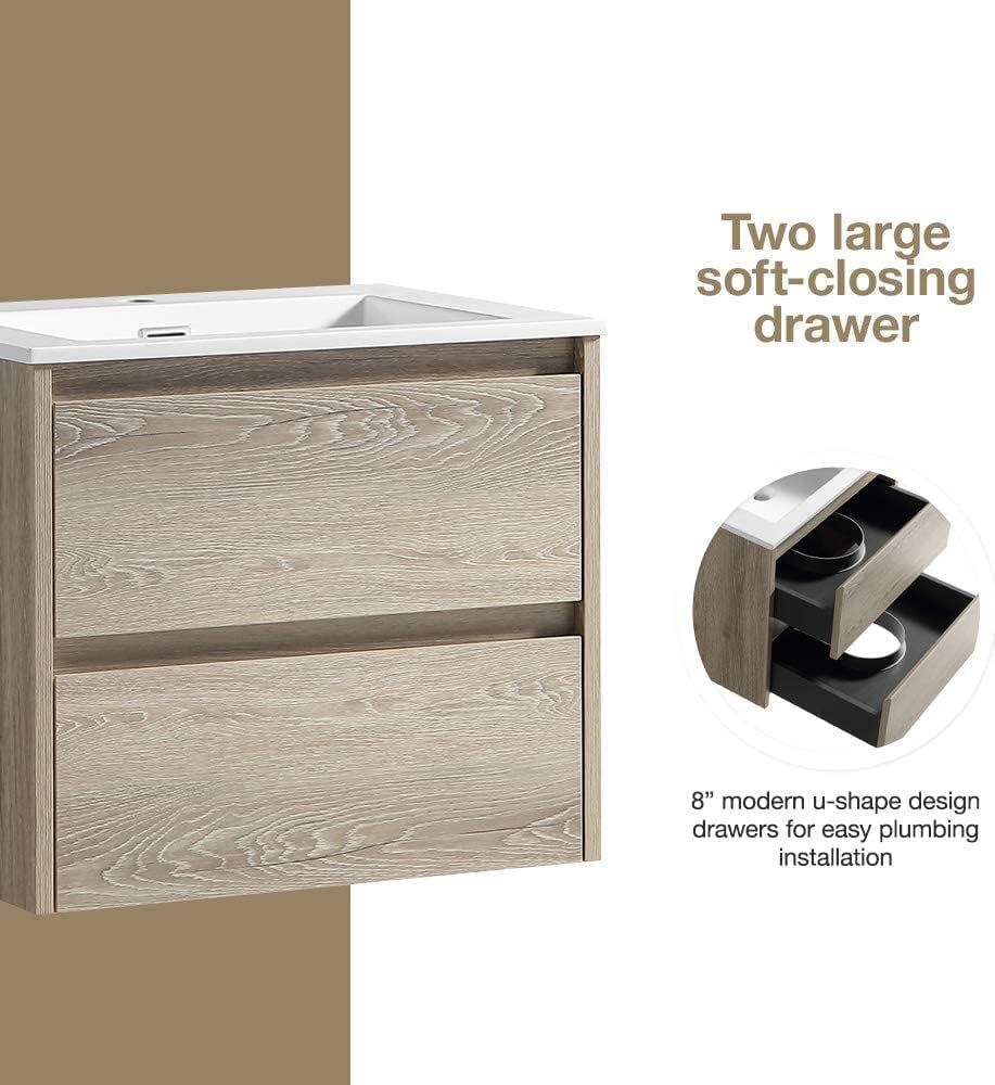 Bathroom Vanity Marlow Liv 24 Inches - Includes Wall Mounted Cabinet with 2 Large Drawers and White Countertop with Integrated Sink - Light Brown - Wood - Assembled Vanity