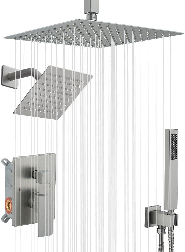 Shower System Matte Black Shower Faucet with Handheld, Ceiling Mount 12 Inch Shower Head with 6 Inch Wall Mount Shower Head