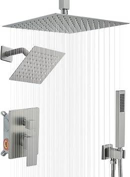 Shower System Brushed Nickel Shower Faucet with Handheld, Ceiling Mount 12 Inch Shower Head with 6 Inch Wall Mount Shower Head