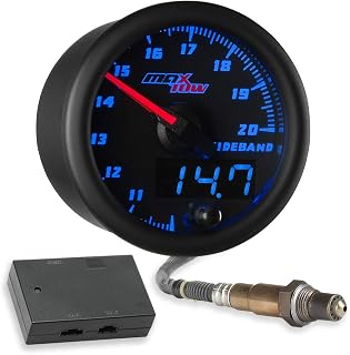 MaxTow Double Vision Wideband Air/Fuel Ratio AFR Gauge Kit - Includes Oxygen Sensor, Data Logging Output & Weld-in Bung - Black Gauge Face - Blue LED Dial - Analog & Digital Readouts - 2-1/16" 52mm