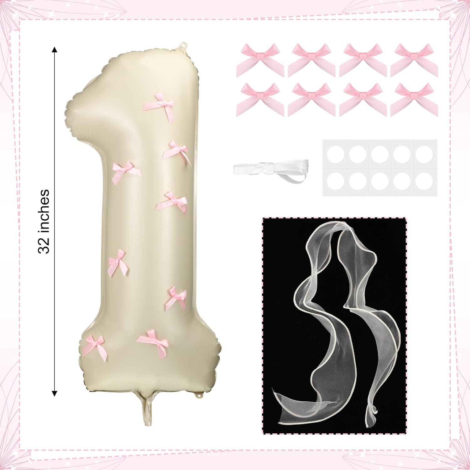 Number 1 Pink Bow 1st Birthday Balloon, 32 Inch Giant Aluminum Foil Number 1 Cream White Balloon Coquette Party Decoration for Christmas Girl Boy Birthday Baby Shower Anniversary Party Gifts
