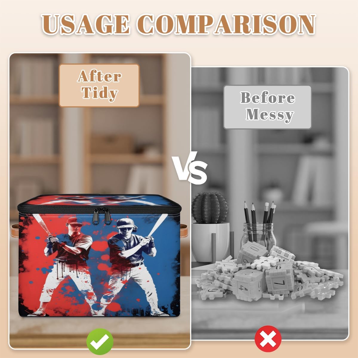 Storage Bin Set of 2 Baseball Player Storage Basket with Zipper Lid & Handle Foldable Closet Shelf 2 Pack Cloth Organizer Basket Cube Bins Clothes Organizer for Nursery, Bedroom