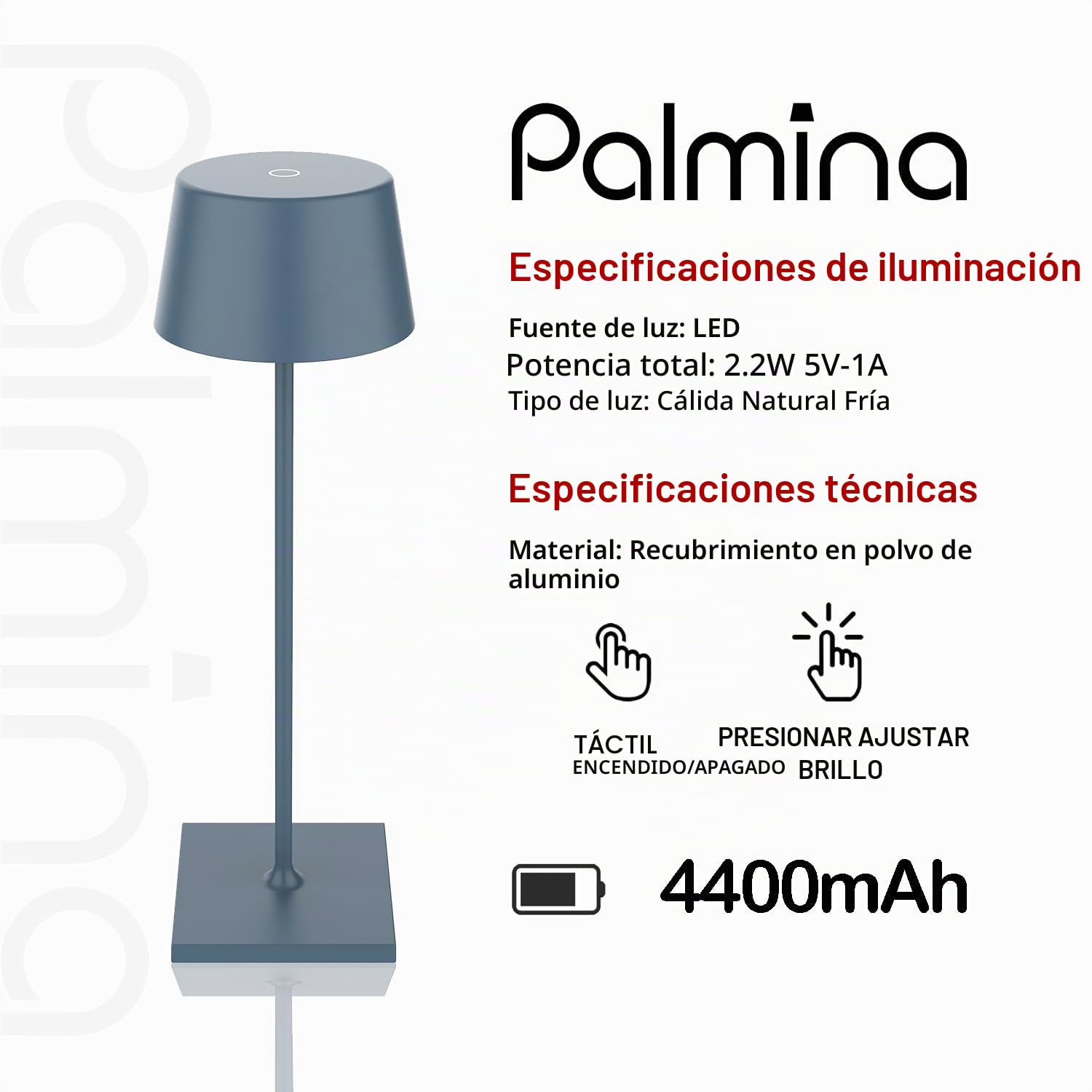 Palmina 842,lampara de mesa 4400mah,Protección IP54 lampara mesa led recargable,lamparas sin cables Para Uso Interior/Exterior Apta Para Cena,Lectura,Dormitorio,Jardín Y Mucho Más/Azul
