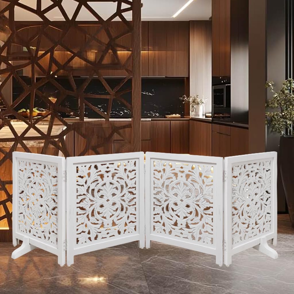 Lightnpro Foldable Carved Wooden Dog Gate 72 Inch - Pre Assembled Freestanding Indoor Pet Barrier for Home, Adjustable Dog Fence for Stairs, Doorways & Hallways - 24x18 Inch (4 Panels) Antique White