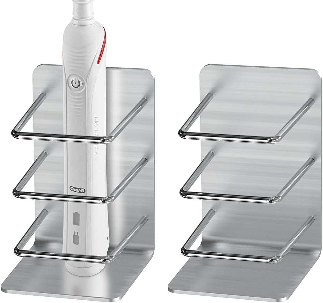 Linkidea Paquete de 2 soportes eléctricos para cepillos de dientes montados en la pared, autoadhesivos, de acero inoxidable, soporte para cepillo de