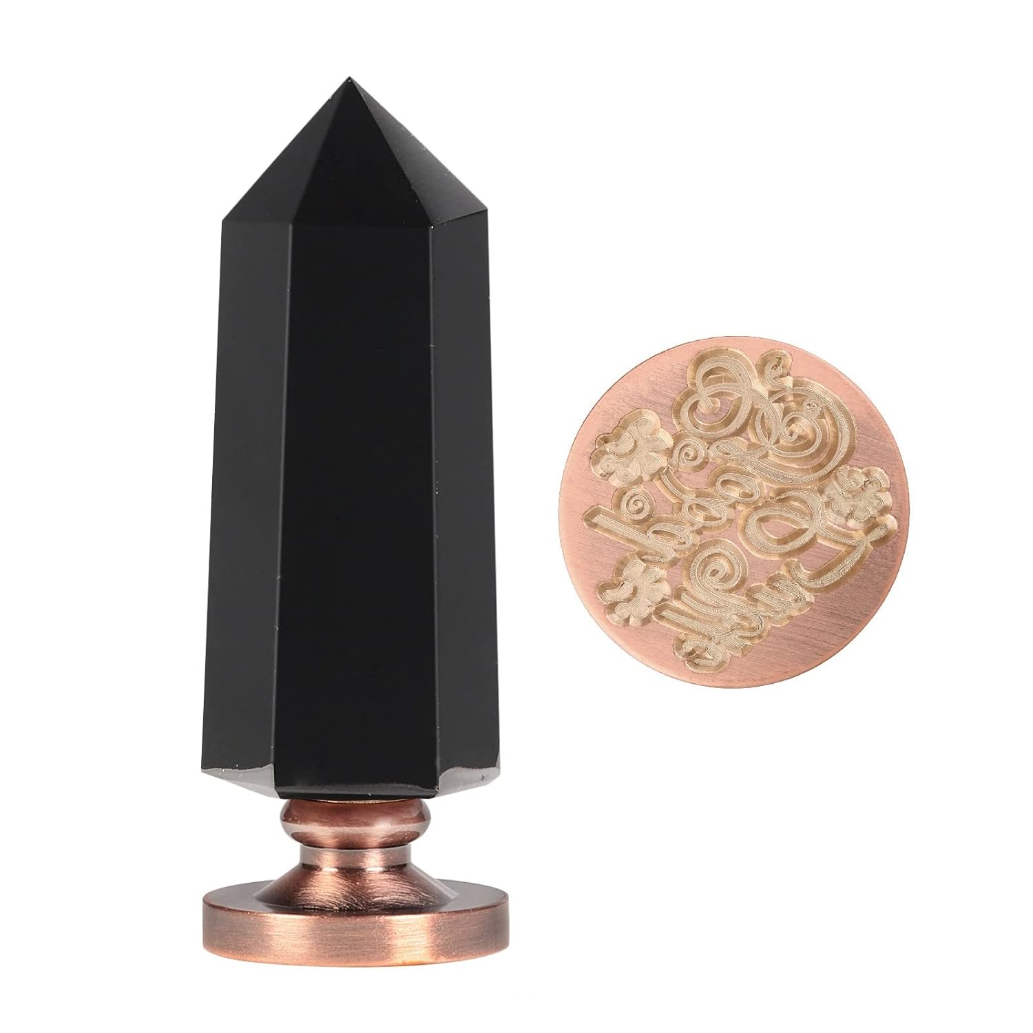 Amogeeli Faceted Black Obsidian Stone Wax Seal Stamp for Craft Wedding Invitation Envelop, Hexagonal Stone Wand Seal Stamp Handle with Removable Copper Head, Thank You