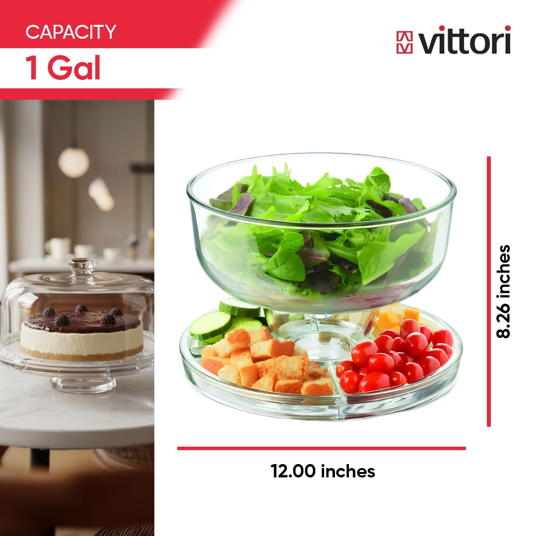 VITTORI Multifunktionaler 6-in-1-Servierteller aus Glas, Kuchenständer mit Kuppel und Snackschale, Serviertablett, Chips und Salsa