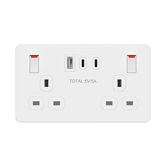LIDER 2-Gang Switched 13A Double Socket with USB TYPE C & A Charger Ports, 25W Combined Output, Always-On USB, Child Safe, Low Energy Standby, Glossy Finish, White